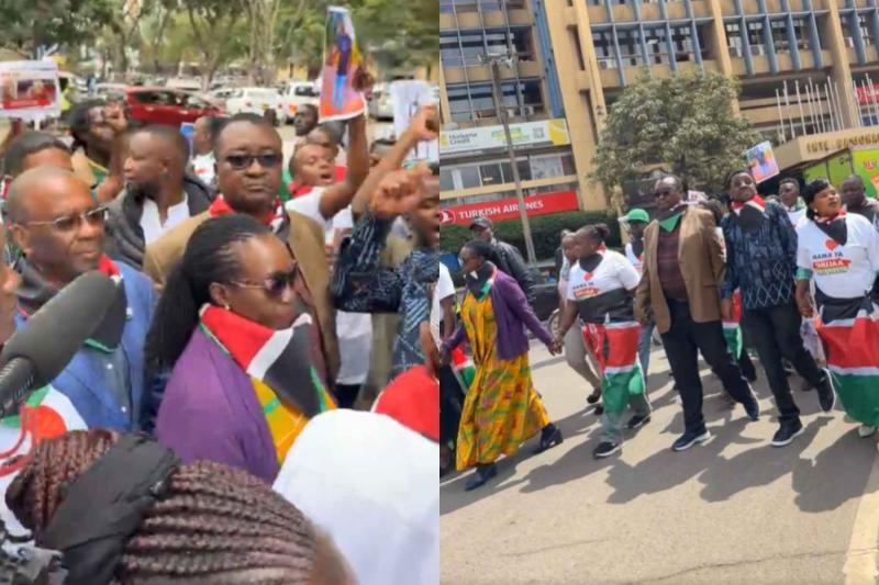 Photo collage of James Orengo and Martha Karua marching to IG Kanja's office.